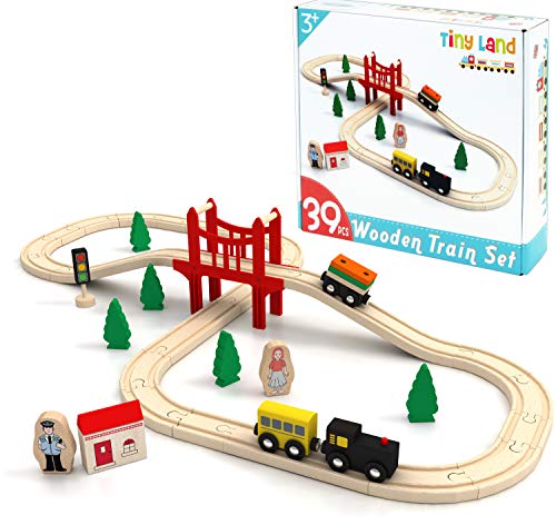 Tiny Land Pista Treno in Legno, Set Ferrovia in Legno (39 PCS) Pista Macchinine Giochi Legno Bambini Trenino Natale