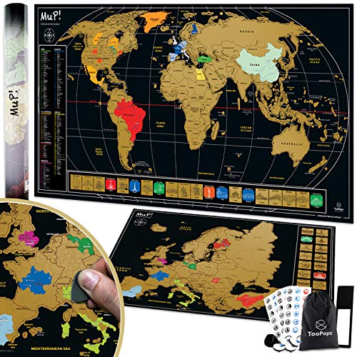 TooPopz Mappa del Mondo da Grattare XXL 84x44 + Cartina Geografica Europa da Grattare 46x33 | Design Italiano, Mappamondo da Parete Grande, Poster Planisfero Scratch off Map, Idee Regalo Viaggiatori