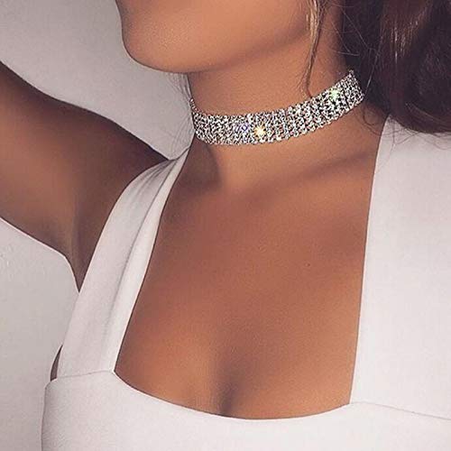TseenYi - Larga collana girocollo a strati di diamanti sintetici, in argento, a catena da tennis, corta, brillante, per donne e ragazze