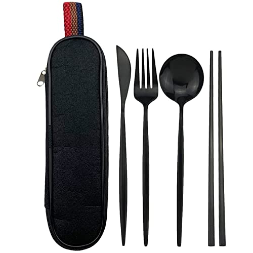 UKKO Cucchiaini 5Pcs Travel Dinnerware Set Black Posate Set Set di Coltelli Forchetta Spounhes Spoon Bacchette con Borsa Portatile Stoviglie in Acciaio Inox