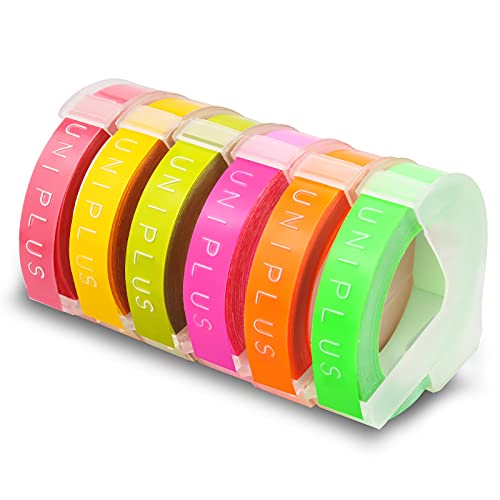 UniPlus 6x Compatibile 3D Nastro Etichette a Rilievo 9mm x 3m per Dymo Junior Omega Etichettatrici (Bianco su Giallo Rosa Verde Oliva Rosa Fluorescente Arancio Fluorescente Verde Fluorescente)