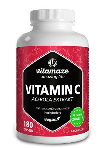 Vitamina C Acerola, 160 mg Vitamina C Naturale da 660 mg di Estratto di Acerola, Vegan & Biodisponibile in Modo Ottimale, 180 Capsule per 6 Mesi, Integratore Alimentare senza Additivi Inutile