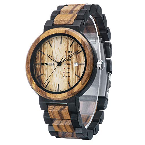 W159A orologio da uomo in legno naturale quadrante rotondo con multi funzioni di visualizzazione della data e della settimana