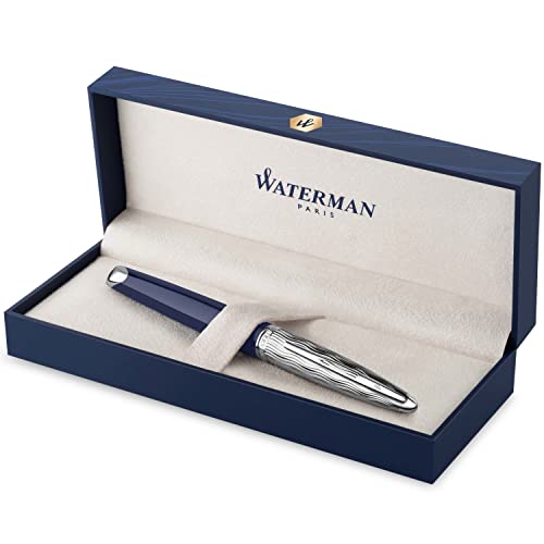 Waterman Carene penna stilografica | Laccatura blu e metallo | Cappuccio cesellato | Pennino medio in oro 18K | Inchiostro blu | Confezione regalo