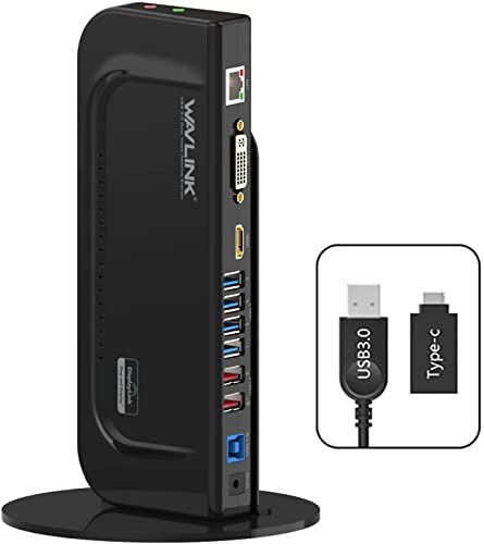 WAVLINK, docking station universale USB 3.0 con supporto rimovibile, Dual Display con porta HDMI DVI VGA, 2 USB 3.0 + 4 USB 2.0, Gigabit Ethernet e jack audio, per PC e Mac, Windows