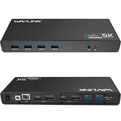 WAVLINK USB 3.0 USB C Ultra 5K Universal Docking Station supporta due uscite video 4K per laptop, PC o Mac (DisplayPort e HDMI, Gigabit Ethernet, uscita audio e Mic in, 6 porte USB 3.0