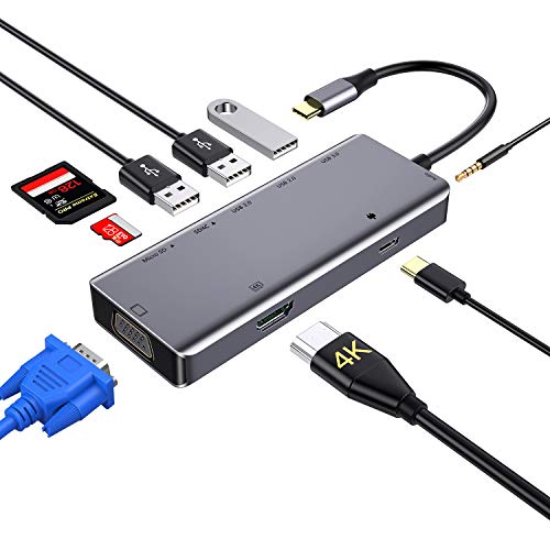 zedela Hub USB C Adattatore 9-in-1 Tipo C a 4K HDMI&VGA, Lettore di schede SD TF, Porta di Carica e Porte USB 3.0 per MacBook PRO 2019 2018, Huawei P20 Mate 20 e Altri dispositivi USB Type C