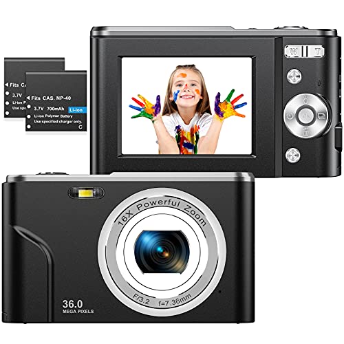 1080P Fotocamere Digitali Compatte 2,4 Pollici LCD Ricaricabile HD 36 Mega Pixel, Zoom Digitale 16x, Studenti per Adulti Anziani Bambini (Nero-1080P)