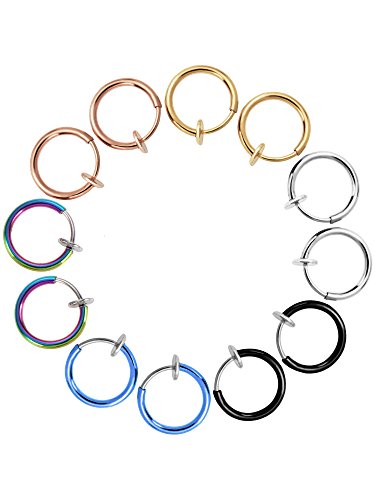 12 orecchini a cerchio, con clip, per orecchie, naso, labbra, gioielli per il corpo unisex, 6 colori