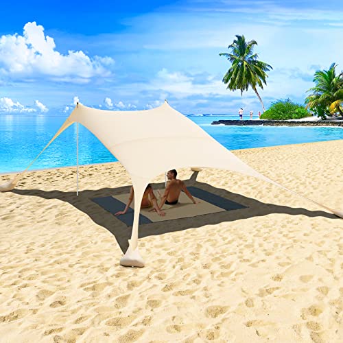 2,4x2,4 m Tende e Parasole da Spiaggia, UPF 50+ Protezione Tendalino parasole da spiaggia portatile con Coperte e 4 Sacchi di Sabbia da Ancoraggio, Include Borsa Portatile (Beige)