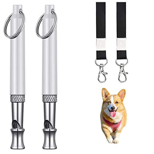 2 set di fischietti per cani, fischietto promemoria professionale, fischietto antiabbaio, fischietto per cani ad ultrasuoni a lunga distanza, due corde per l istruzione e l addestramento-bianco