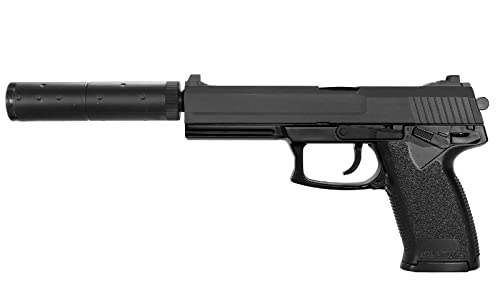 2EAGLE Pistola Airsoft MK23 con silenziatore Finto-Modello a Molla-modalità Fuoco sparo Manuale-Colore: Nero e Grigio-Potenza 0,5 Joule