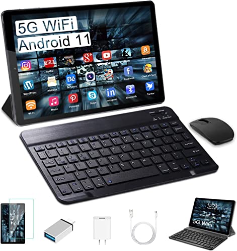 5G Tablet 10.1 Pollici con Wifi Offerte Tablet PC Offerte Android 11, 4GB RAM+64GB ROM Espansione 256GB, Doppia Fotocamera Con Tastiera,Mouse,Custodia per Tablets-Type-C WIFI Bluetooth (Gris)