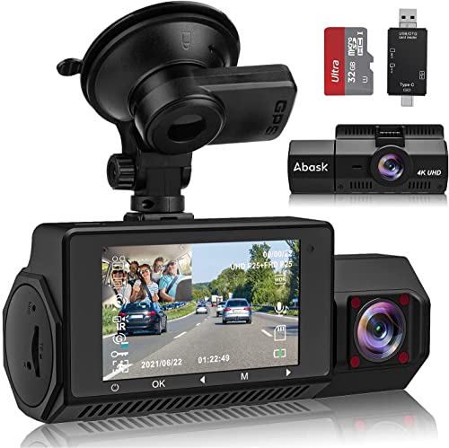 Abask Dash Cam 4K GPS Telecamera per Auto, Grandangolare di 310°, G-Sensor, Registrazione in Loop, Monitor di Parcheggio, Rilevatore di Movimento, Visione Notturna a Infrarossi, WDR, Max. 256 GB