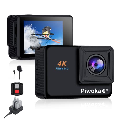 Action Cam Piwoka 4K 30fps con WiFi e Telecomando, Sports Cam da 30 MP e 170° Grandangolare, Fotocamera Subacquea da 30M Dotato di 2×1350 mAh Batterie e Accessori di Montaggio
