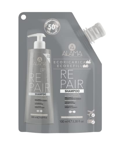 Alama Professional Eco-Refill Repair Shampoo Ristrutturante e Protettivo con Cheratina per Capelli Danneggiati e Sfibrati, Trattamento Tonificante e Ristrutturante, 90% Ingredienti Naturali, 100ml