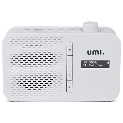 Amazon Brand - Umi Radio portatile DAB FM con Display LCD e Bluetooth, Jack per Cuffie da 3,5 mm, Doppio Allarme, Antenna Telecopica DAB e FM, Alimentazione DC 5V 4 batterie AA - Bianco
