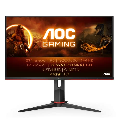 AOC Gaming 27G2U - Monitor FHD da 27 pollici, 144Hz, 1ms, IPS, AMD FreeSync, regolazione altezza, altoparlanti, hub USB, ritardo di ingresso basso (1920x1080 a 144 Hz 250 cd m², HDMI DP VGA USB 3.0)