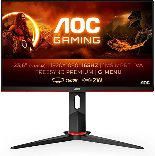 AOC Gaming C24G2AE - Monitor curvo FHD, VA Panel, 165 Hz, 1 ms, 2 porte HDMI, 1 DP, FreeSync Premium, Ner Rosso, Schermo 23.6  (59.9 cm)