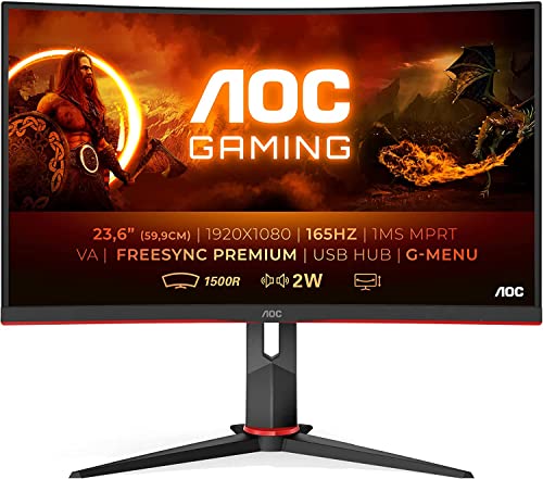AOC Gaming C24G2U - Monitor curvo FHD da 24 pollici, 165 Hz, 1 ms, FreeSync Premium (1920 x 1080, HDMI, DisplayPort, hub) nero rosso