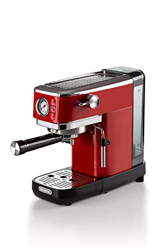 Ariete 1381 Macchina da caffè con manometro, compatibile con caffè in polvere e cialde ESE, 1300 W, Capacità 1,1 L, 15 bar di pressione, Filtro ½ tazze, Dispositivo Cappuccino, Rosso