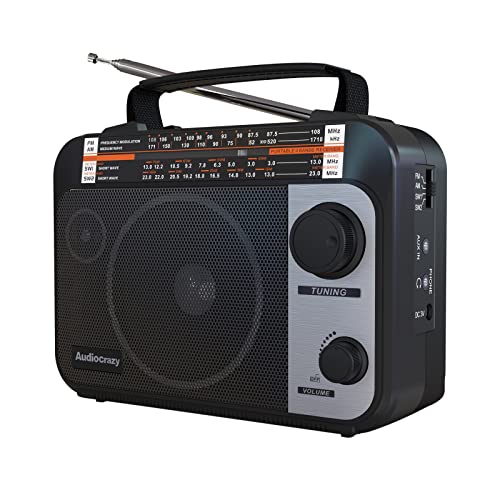 Audiocrazy Radio Portatile AM FM SW1-2 Multibanda Radio con Batteria Ricaricabile da 1000 mAh, Cavo AC o Radio FM Portatile a Pile, Altoparlanti，Jack Per Cuffie, Ingresso AUX Nero