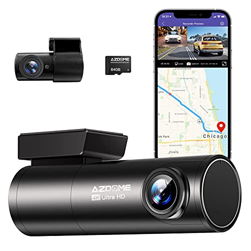 AZDOME 4K Dual Dash Cam, Dashcam WiFi con GPS, Controllo Vocale Telecamera per Auto con UHD 2160P, Visione Notturna, WDR, G-Sensor, Monitor di Parcheggio, Scheda SD 64GB Inclusa (M300S)