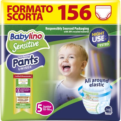 Babylino Sensitive Pannolini Mutandina Taglia 5, Pants Junior (10-16kg), 156 Unità