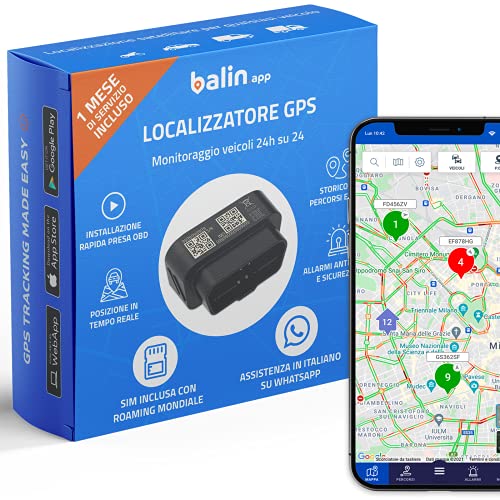 Balin.app - Mini Localizzatore GPS professionale per veicoli, con SIM card e traffico dati, tutto incluso. Installazione rapida con presa OBD del veicolo. Controlla i veicoli da Portale Web e App.
