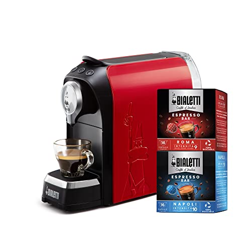 Bialetti Super, Macchina Caffè Espresso per Capsule in Alluminio, Incluse 32 Capsule, Rosso