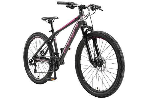 BIKESTAR Hardtail Mountain Bike in Alluminio, Freni a Disco, 26  | Bicicletta MTB Telaio 16  Cambio Shimano a 21 velocità, sospensioni | Nero Rosa