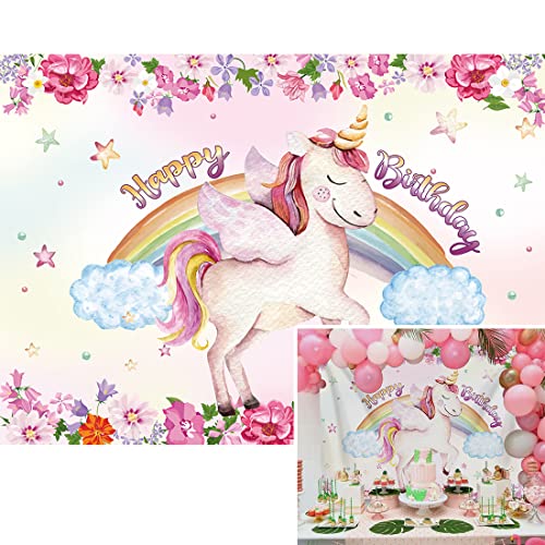 BINQOO 7 x 5 ft unicorno sfondo rosa fiore cartone animato dolce arcobaleno nuvole stelle sfondo foto ragazza festa di compleanno forniture torta tavolo Decor servizio fotografico (2,1mx1,5m)