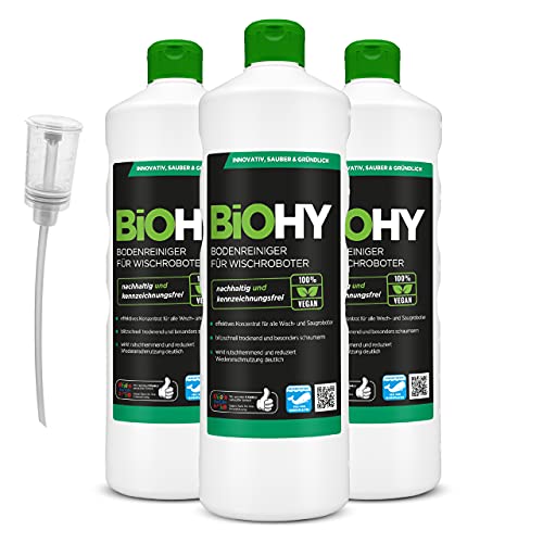 BiOHY Detersivo per pavimenti per robot di pulizia (3 bottiglie da 1l) + Distributore | Concentrato per tutti i robot di pulizia e aspirazione (Wischroboter)