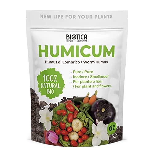 BIOTICA Humus di lombrico HUMICUM - 6 Litri - Fertilizzante 100% Naturale italiano, Terriccio Biologico, Concime per Piante, Fiori e Orto