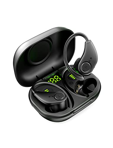 Bluedio S6 │ Cuffie auricolari wireless sportive, Bluetooth 5.1, con ganci per le orecchie e custodia di ricarica 42 ore di riproduzione, suono stereo HiFi, display a LED, Touch Control (nero)