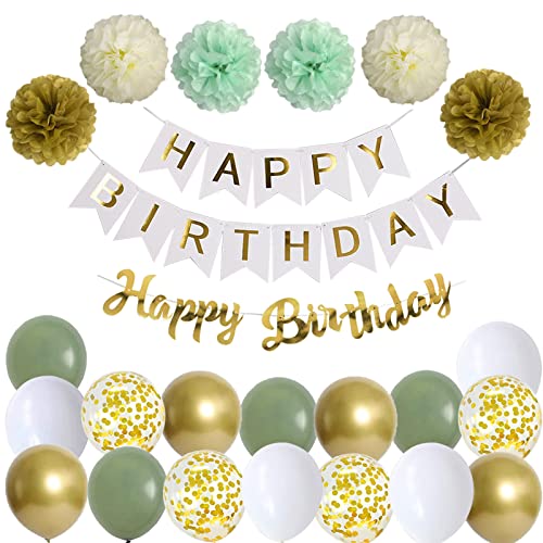 Buon Compleanno Oro Bianca Happy Birthday Banner Striscione Buon Compleanno Oro Bianca Verde Festone Pompon Palloncini