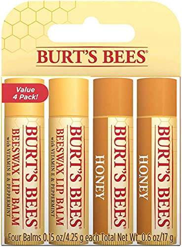 Burt s Bees Balsamo labbra idratante naturale, confezione da 4 tubetti, cera d’api classico con vitamina E, olio di menta piperita e miele con cera d’api - 60 g