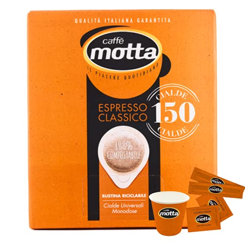 CAFFÈ MOTTA Kit Bicchieri Palette Zucchero con 150 Cialde ESE 44 mm Espresso Classico - Caffe in Cialde Compostabili - Made in Italy (1 Confezione di Kit 150)