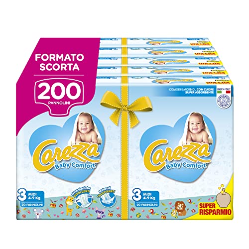 Carezza Baby Comfort Midi, Taglia 3 (4-9 kg), 200 pannolini, Decora...
