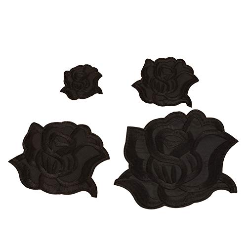Chutoral - 4 toppe da cucire o stirare con ricamo a forma di rosa, applicazioni per riparazione in tessuto, per bambini, per vestiti, jeans, zaini, berretti (colore: nero)