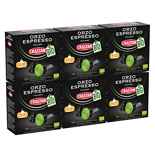 CRASTAN 1870, 90 Capsule, 6 Box da 15 Capsule di Bevanda d Orzo Biologico, Capsule Compatibili con Nespresso, Bevanda Senza Glutine, Privo di Caffeina e di Zuccheri, 100% Made in Italy
