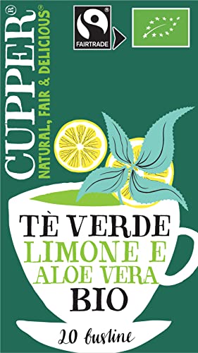 CUPPER Tè Verde al Limone e Aloe Vera Biologico e Fairtrade, Tè con Gusto Vivace e Agrumato, Ingredienti da Agricoltura Biologica, Filtri 100% Biodegradabili, Confezione da 20 Bustine