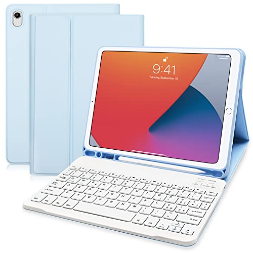 Custodia Tastiera per iPad 10,2 2021 2020 2019(9a, 8a e 7a Gen) iPad Air 3  iPad Pro 10,5 –Custodia Protettiva con Supporto per Apple Pencil, Tastiera Staccabile Wireless per ipad 10,2(Cielo Blu)