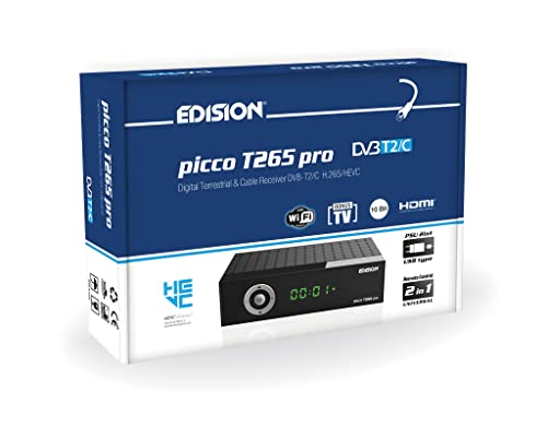 Decoder DVB-T2 HD EDISION PICCO T265 pro Ricevitore Digitale Terrestre H265 HEVC 10Bit Bonus TV, FTA, USB, HDMI, SCART, Sensore IR, Supporto WiFi, Telecomando 2in1, Alimentazione 2in1, Main 10