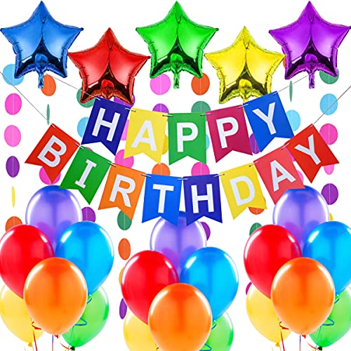 Decorazione Festa di Compleanno. Bandierine di Buon Compleanno “Happy Birthday” +5 Palloncini a Stella + 2 Festoni Arcobaleno di 3 m + 18 Palloncini Multicolore