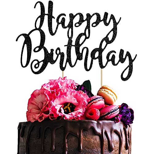 Decorazione per Torta Nero, Happy Birthday Cake Topper per Ragazze Ragazzi Donne Uomo Decorazione per Torte Compleanno, Buon Compleanno Torta Topper per Bambini Compleanno Feste Forniture, 23 x 25 cm