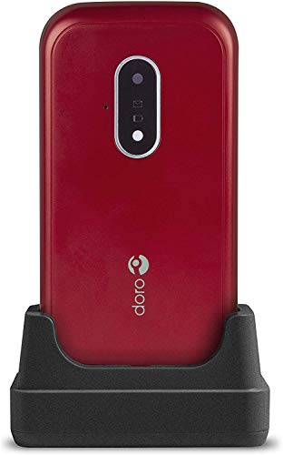 Doro 7030 Telefono Cellulare per Anziani Dual SIM a Conchiglia con WhatsApp e Facebook e Base di Ricarica (Rosso Bianco)