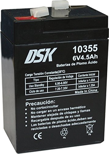 DSK 10355 - Batteria al piombo sigillata AGM ricaricabile da 6V 4,5 Ah. Ideale per allarmi domestici e industriali, giocattoli elettrici, recinzioni, bilance e dispositivi per la mobilità, Nero