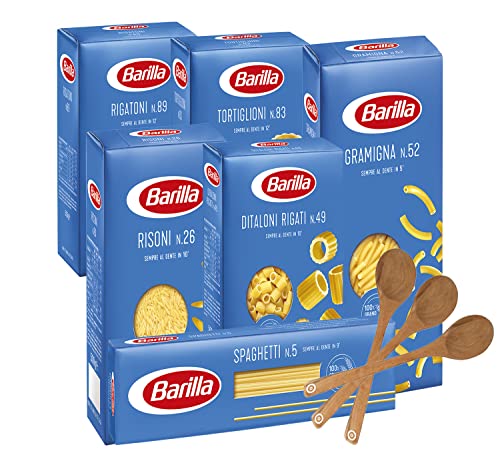 Ducomi Variety Pack con 6 tipi di Pasta Barilla + 3x Cucchiaio Cucina in Legno - Rigatoni, Tortiglioni, Risoni, Gramigna, Spaghetti, Ditaloni Rigati 6 x 500 gr - 3kg (Pack D)