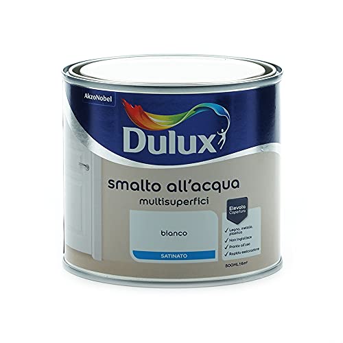 Dulux Smalto Satinato all Acqua per Metallo Plastica e Legno Pronto all Uso per Esterni e Interni, 0.5 Litri, Bianco